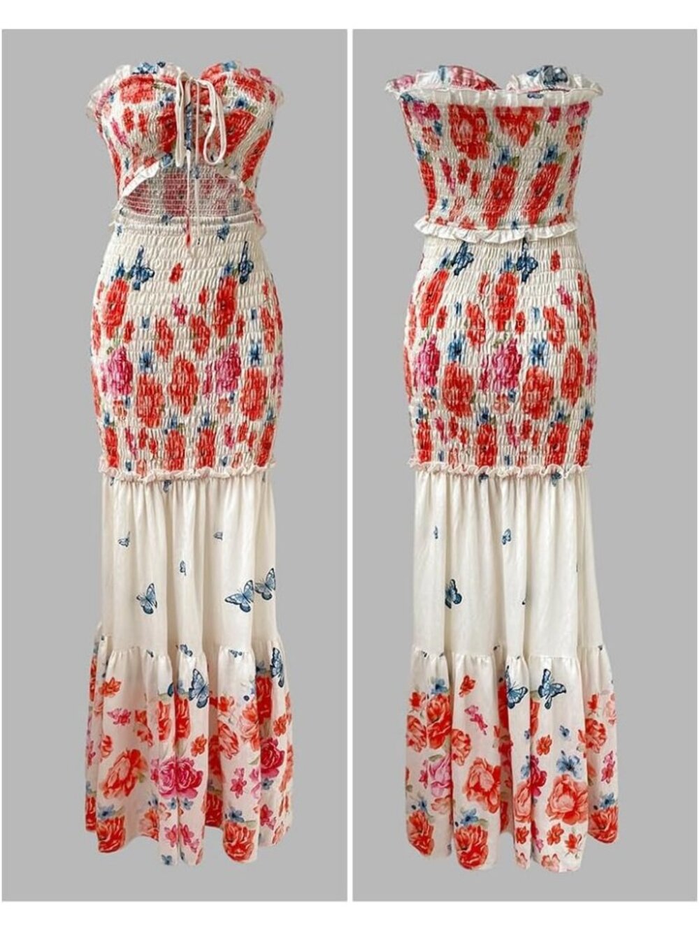 Women's Apricot Sleeveless Slim Floral Halter Tie Ruched Bow Strapless Maxi - Picture 6 of 6
